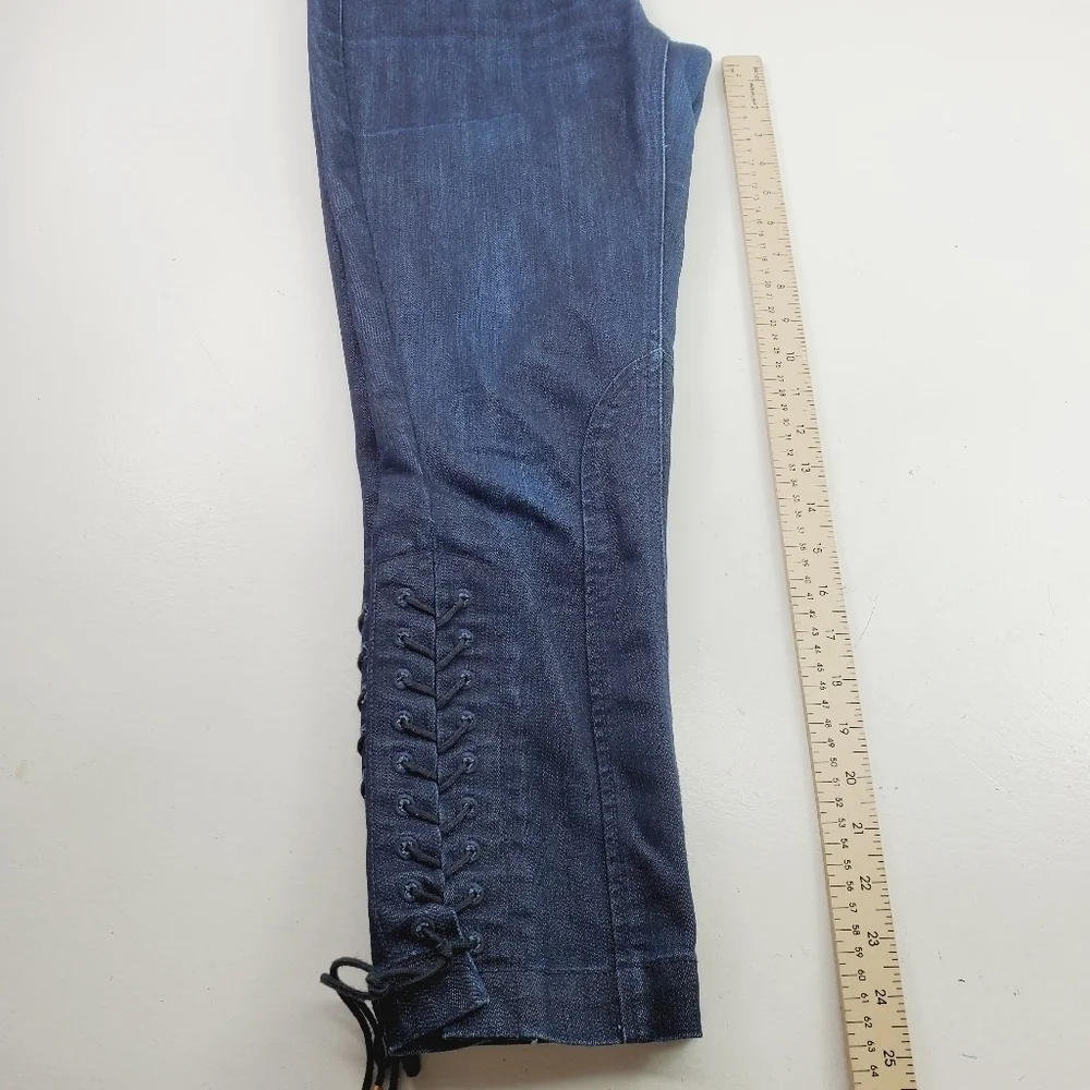 Anthropologie Leifsdottir Women Dark Denim Cropped Lace‎ Up Fray Riding Jeans 28